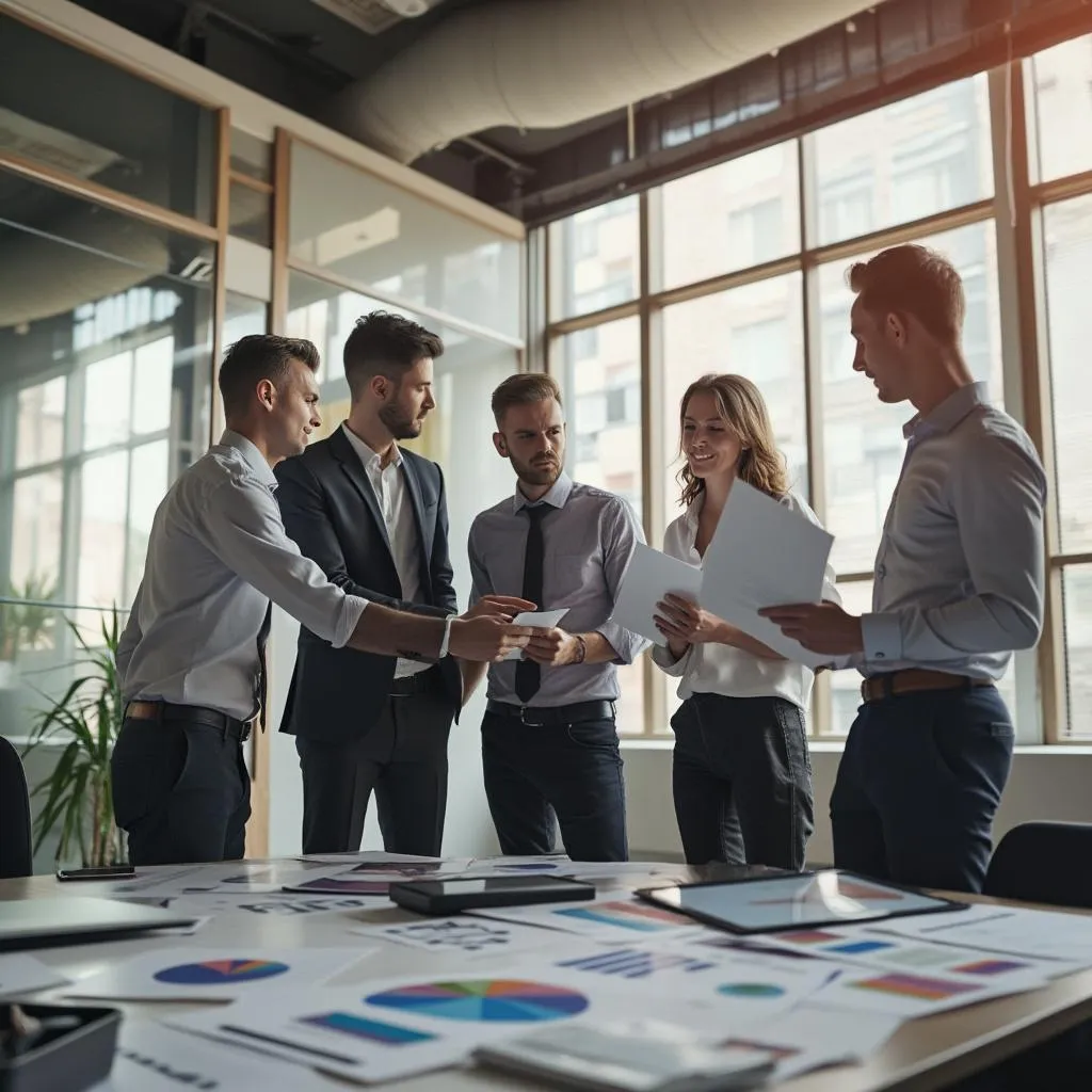Equipo consultor analizando gráficos en oficina moderna
